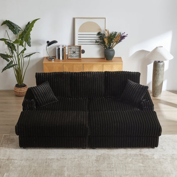 English Elm 84inch Corduroy Deep Seat Three Person Sofa with Storage Ottomans for Living Room Black W834S00566