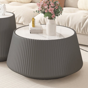 English Elm Light Sintered Stone Top Round Coffee Table with Sculpted Leather Base for Living Room Grey W3081P367592