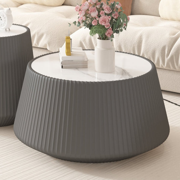 English Elm Light Sintered Stone Top Round Coffee Table with Sculpted Leather Base for Living Room Grey W3081P367592