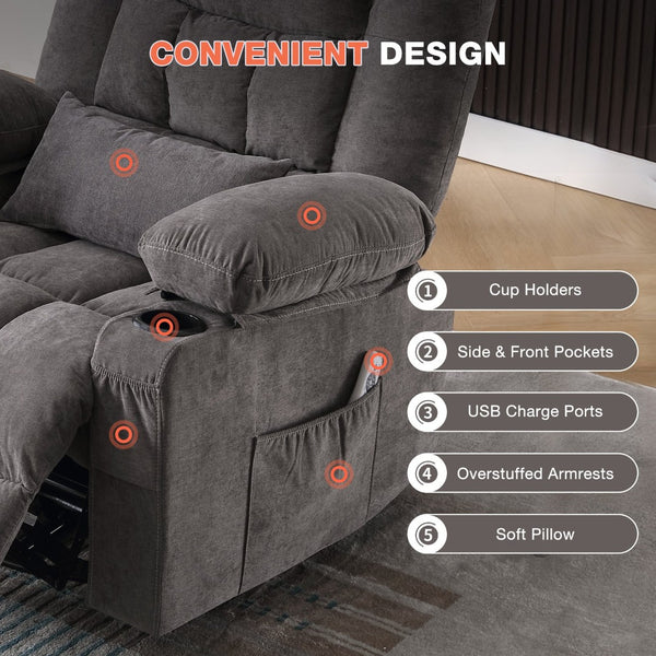 English Elm Massage Swivel Rocker Recliner with Heat Lumbar Relief and Usb Port for Living Room Grey W1521P478283