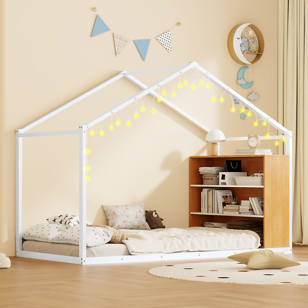 English Elm Twin House Bed Frame with Shelves & Built-In Lights, Metal-Wood Design for Creative Kids' Rooms White N737P176708K
