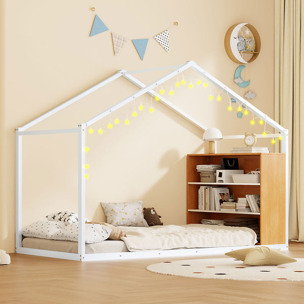 English Elm Twin House Bed Frame with Shelves & Built-In Lights, Metal-Wood Design for Creative Kids' Rooms White N737P176708K