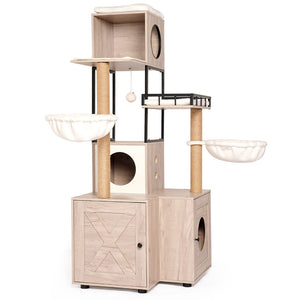 English Elm 63" Rustic Gray Cat Tower with Hidden Litter Enclosure Sisal Posts and Washable Perch W1687P304383
