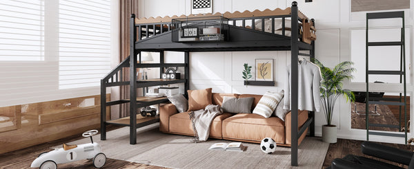 English Elm Full Size Metal Loft Bed with Stair Storage Shelves Bookshelf for Dorms Bedroom W1580S00378