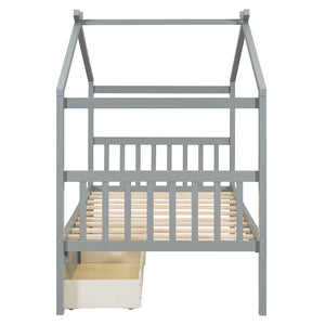 English Elm Twin House Bed Solid Pine Kids Cottage Frame with Storage Drawers Imaginative Room Gray N708P309245E