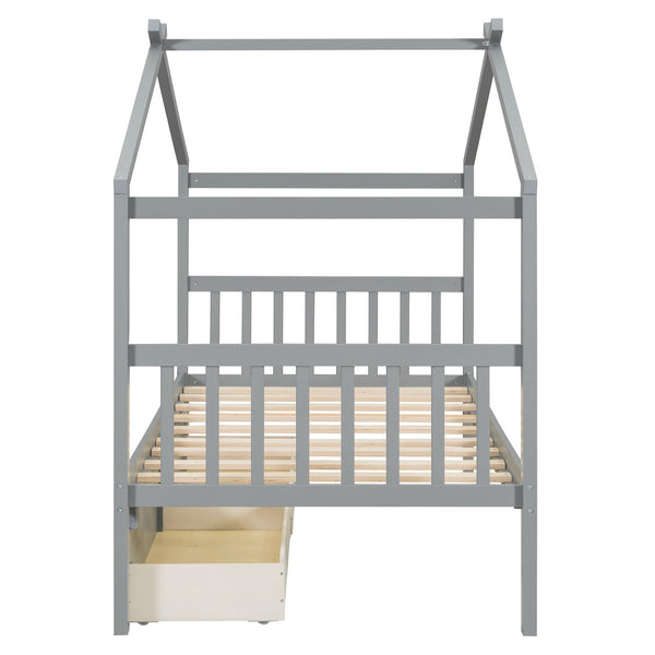 English Elm Twin House Bed Solid Pine Kids Cottage Frame with Storage Drawers Imaginative Room Gray N708P309245E
