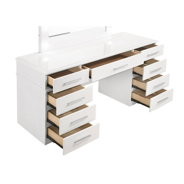 English Elm Sarah Glossy White Vanity Desk with Mirror & Hollywood Lights, Felt-Lined 9 Drawers, High Gloss Finish B062S01007