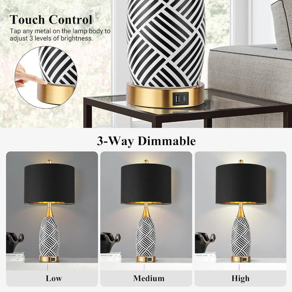 English Elm 25.5" Ceramic Striped Bedside Lamp Set with Touch Dimmer Usb Charging Ports Warm Glow W3355P440679