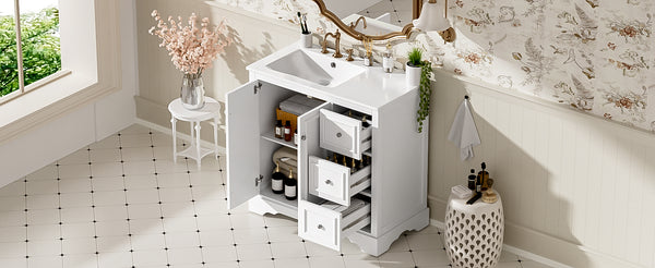 English Elm 36'' Transitional Bathroom Vanity with Ceramic Sink, Solid Wood Frame, Adjustable U-Shelf & Soft-Close Doors White N729P292966K