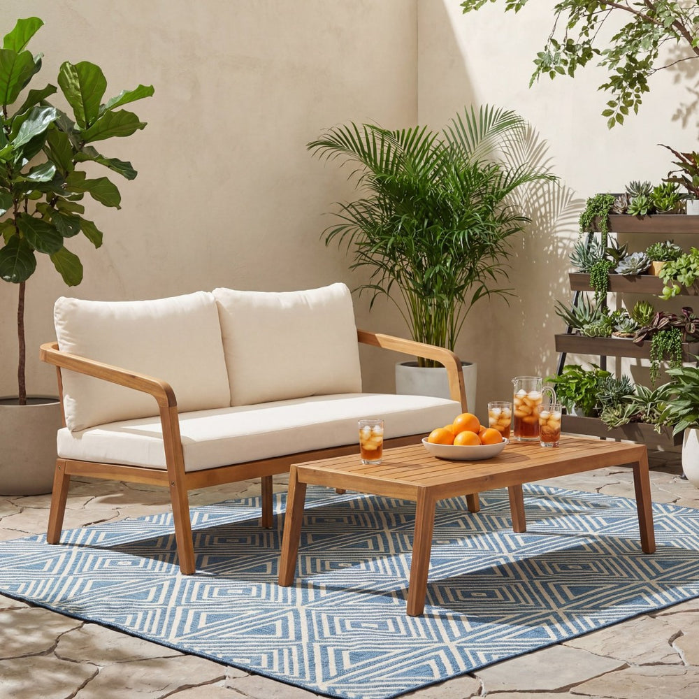 English Elm 2-piece Outdoor Acacia Wood Wicker Loveseat Set Patio Cushioned Seating Modern N768P392623L