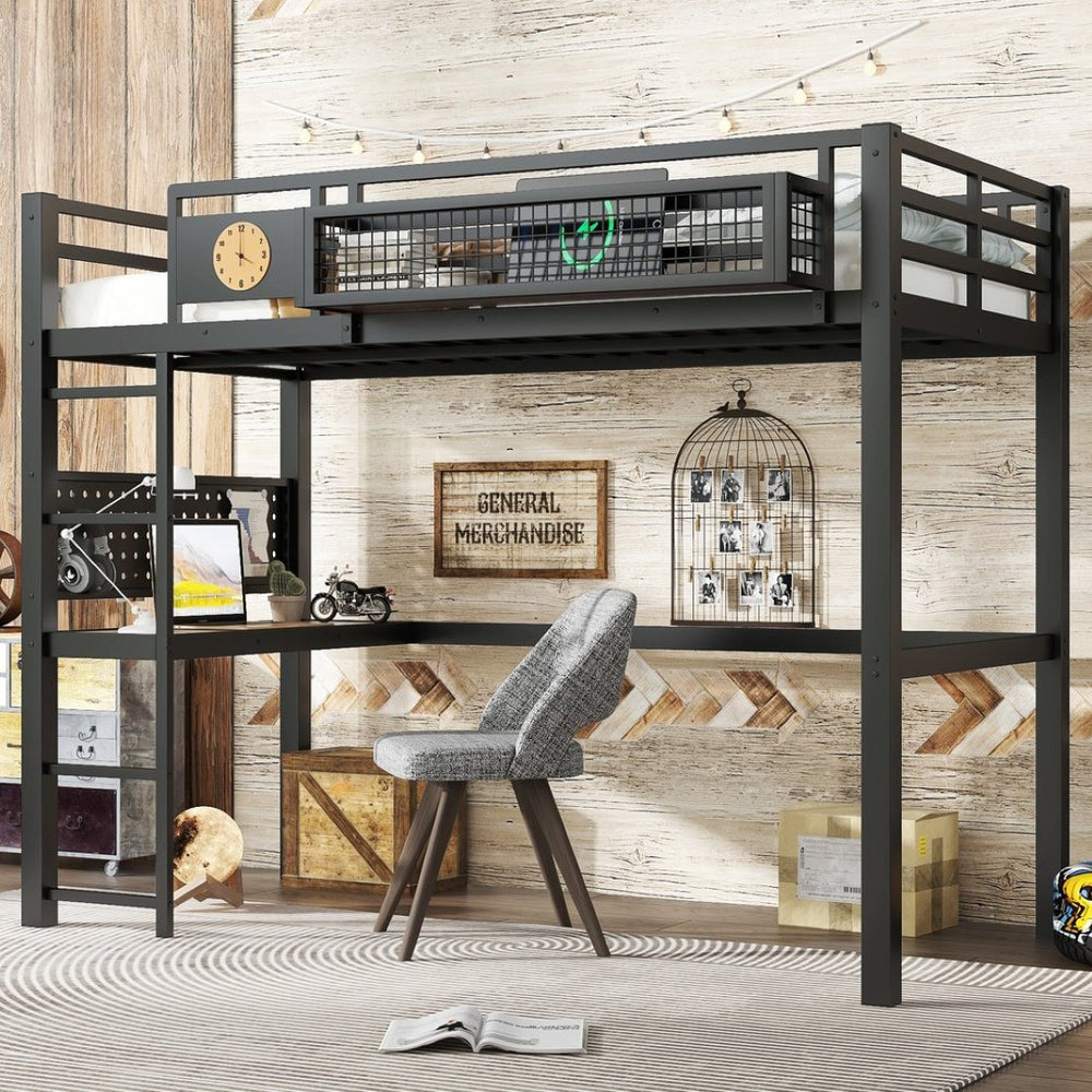 English Elm Twin Xl Solid Pine Loft Bed with Built-in Led Lighting and Storage Shelves W1580S00374