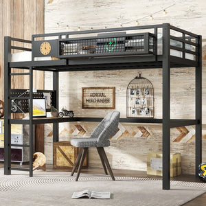 English Elm Twin Xl Solid Pine Loft Bed with Built-in Led Lighting and Storage Shelves W1580S00374