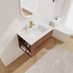 English Elm 30" Wall Mount Bathroom Vanity With Ceramic Sink & Soft-Close Drawers For Modern Storage Solutions W999S00207