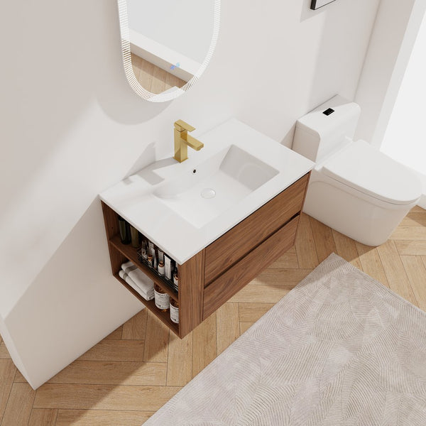 English Elm 30" Wall Mount Bathroom Vanity With Ceramic Sink & Soft-Close Drawers For Modern Storage Solutions W999S00207