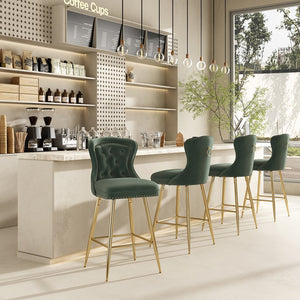 English Elm Bar Stools Set Of 2 - Elegant Green Velvet Wing-Back Chairs With Gold Metal Legs For Modern Dining T3623P363070