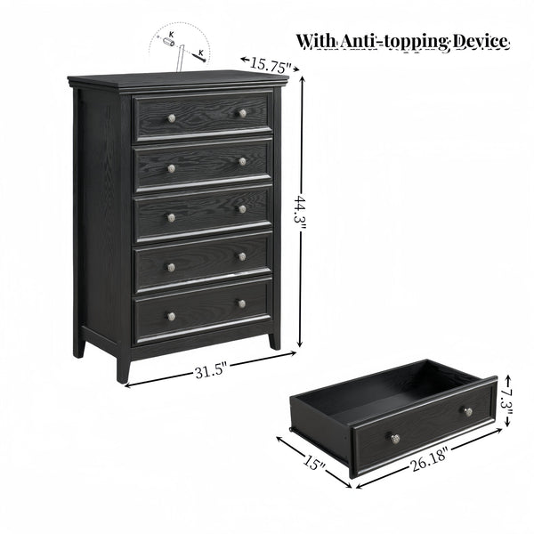 English Elm Modern 5 Drawers Dresser with Smooth Glide Drawers, Stylish Metal Handles & Unique Stable Feet Organizer for Bedroom and Living Room Storage (45.87"L x 20.08"W x 11.03"H) Black W2275P149804