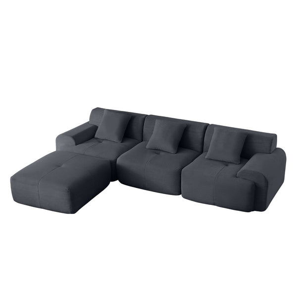 English Elm 113" Modular L-shaped Sectional Sofa Corduroy Upholstered with Movable Ottoman Dark Gray W1359S00059