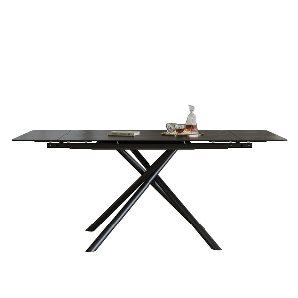 English Elm Retractable Sintered Stone Dining Table with Carbon Steel Legs, 83" Rectangular Modern Design, Durable and Easy-Clean Black W509P340584