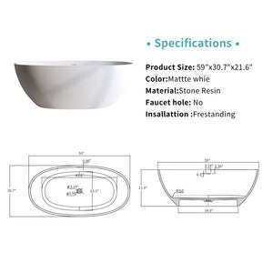 English Elm 59'' Freestanding Resin Stone Soaking Tub Sculptural Matte Finish with Overflow Drain W2753P191209