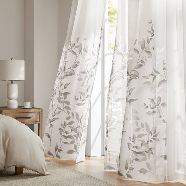 JLA Home Madison Park - Burnout Grey Botanical Curtain Panel with Silver Grommets, Semi-Sheer OEKO-TEX Fabric for Light Filtering and Modern Texture MP40-4609