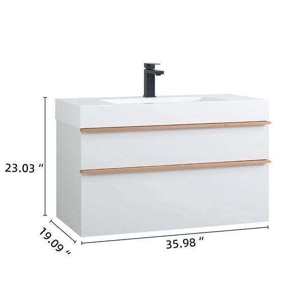 English Elm VELA 36 Inch Wall Mounted Bathroom Vanity with Integrated Acrylic Sink, Dual Wood Handles, Soft-Close Drawers, Matte Finish White W3235P327598