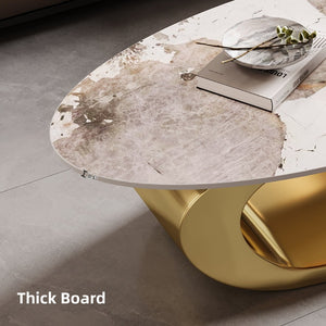 English Elm Gold Pedestal Coffee Table with Sintered Stone Marble Top for Modern Living Rooms W3985S00020
