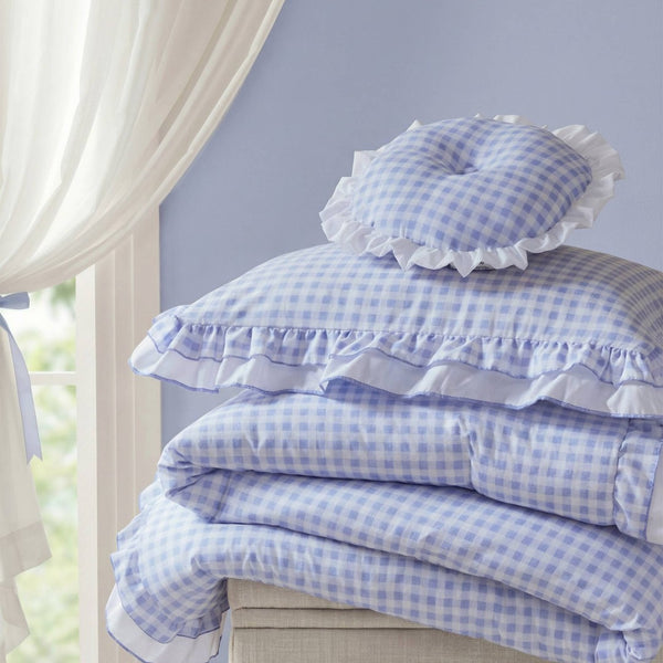 English Elm 3-piece Cottage Gingham Comforter Set with Ruffle Trim and Round Throw Pillow Blue B035P463185