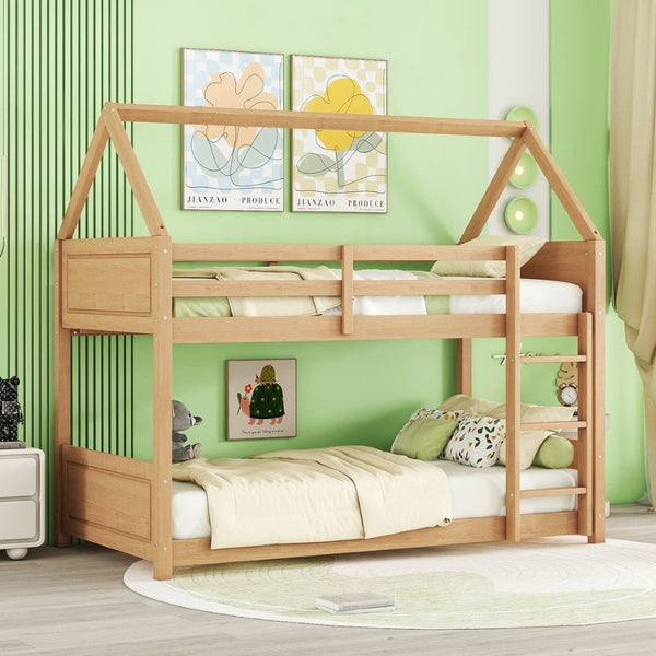 English Elm Twin House Floor Bunk Bed With Guardrails & Ladder - Solid Rubberwood, White Oak Finish, Ideal For Kids W504P227942-GIGA