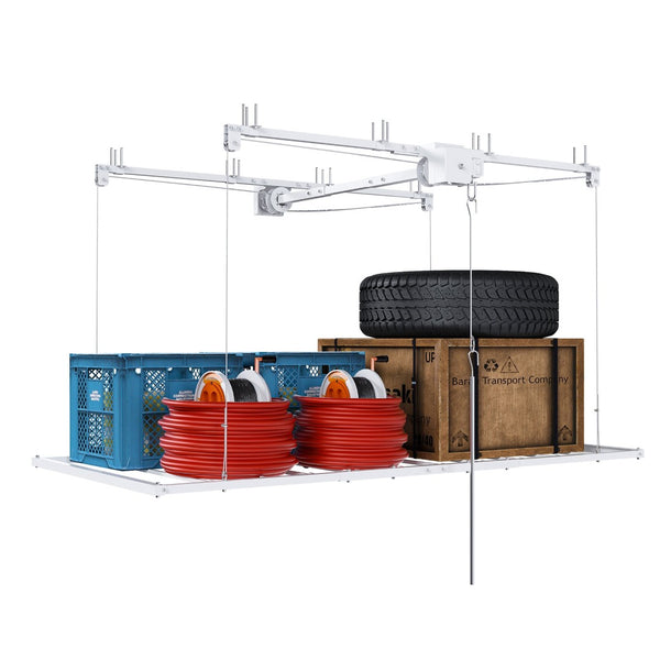 English Elm Overhead Garage Storage Rack with Crank Lift 270lb Steel Platform for High Ceilings W2700P346224