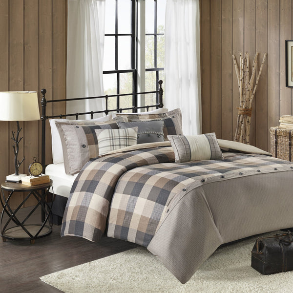 English Elm King/Cal Ridge 6-Piece Herringbone Duvet Cover Set - Buffalo Plaid Cabin Style, Embroidered Pillows, Button Closure, Cozy Lodge Bedding 92"x104" B03597354