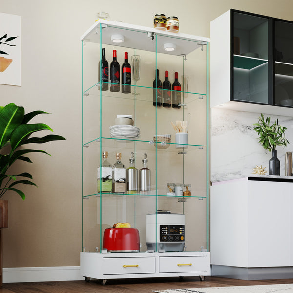 English Elm Modern Glass Display Cabinet With Led Lights & Drawers - Stylish 4-Shelf Storage For Any Room W241S00058