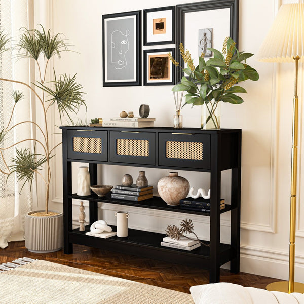 English Elm 43.3" Farmhouse Console Table Rattan Drawer Fronts Open Shelving Entryway Storage Black T3210P426419