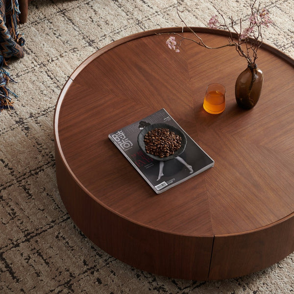 English Elm 35.4-inch Round Walnut Mosaic Coffee Table with Sculptural Iron Base for Living Rooms W5098P416512