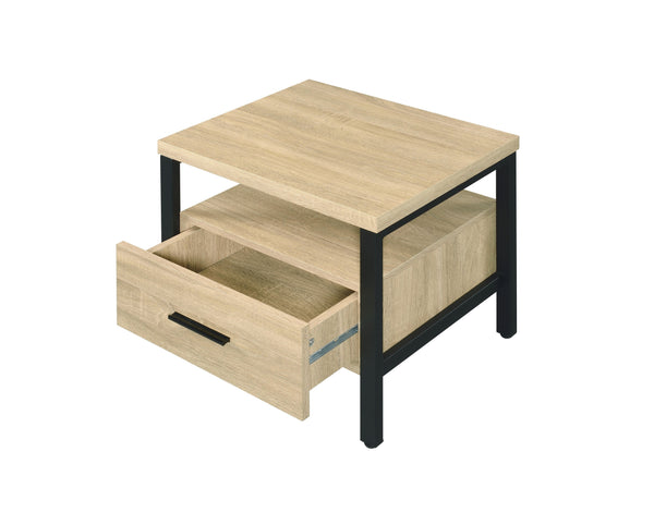 English Elm Yawan Oak Accent Table with Black Metal Legs, 1 Drawer & Shelf, Compact Storage Nightstand, 40lb Top B2726P287569
