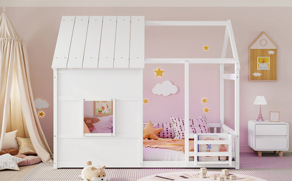 English Elm Twin House Frame Floor Bed Pinewood Build with Led Roofline Kids Bedroom White W697P435880