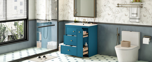 English Elm 30'' Modern Bathroom Vanity With Ceramic Sink, Durable Blue Finish & Ample Storage For Essentials N710P228374C