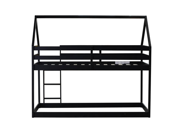English Elm Twin Rubber Wood Floor Bunk Bed House-Shaped Design with Ladder Guardrails Sturdy Low-Profile Retreat Black W504P206865