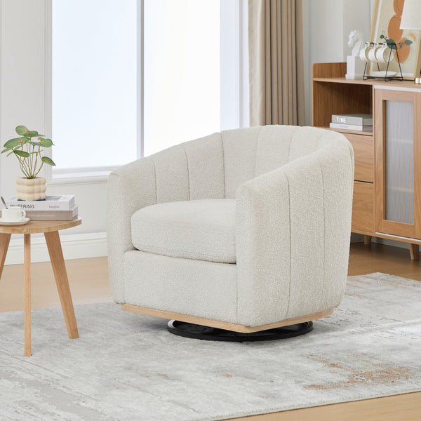 English Elm 31.89 Inch Chenille Tufted Swivel Barrel Armchair Pumpkin Sculpted Design for Living Rooms Ivory W3098P397230