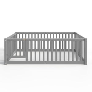 English Elm Twin Floor Bed Pine Wood Frame with Guardrails and Door for Safe Toddler Sleep Gray W1580P418051