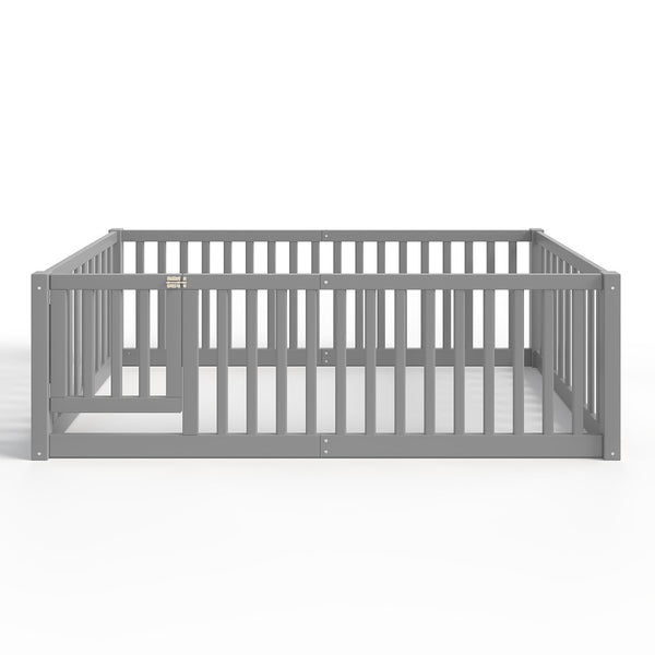 English Elm Twin Floor Bed Pine Wood Frame with Guardrails and Door for Safe Toddler Sleep Gray W1580P418051