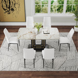 English Elm 7-Piece Faux Marble Dining Table Set, Glass Rectangular Kitchen Table For 6-8, Modern White Faux Marble Dining Room Table With Mdf Base, Dining Table & 6 Chairs