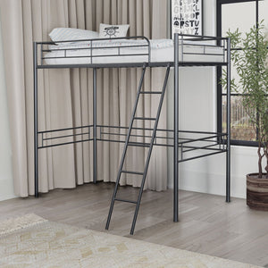 English Elm Twin Modern Loft Bed with Built-In Ladder for Space-Saving Study, Storage or Play Area, Metal Frame Black 81 L x 14 W x 8 H B2741P348863