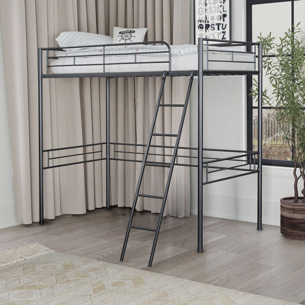 English Elm Twin Modern Loft Bed with Built-In Ladder for Space-Saving Study, Storage or Play Area, Metal Frame Black 81 L x 14 W x 8 H B2741P348863