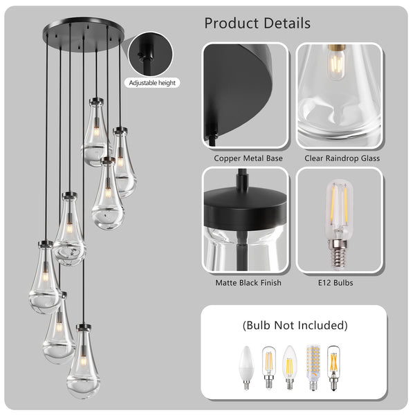 English Elm 7 Modern 7-Light Raindrop Chandelier with Adjustable Hanging Rope, Brushed Glass Shades for Dining Black W1340P316386