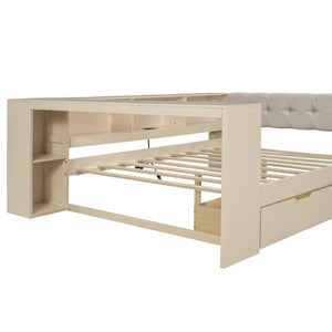 English Elm Wood Full Size Platform Bed With Upholstered Headboard, Storage Drawers, And Usb Charging Station GX002108AAC-1-GIGA