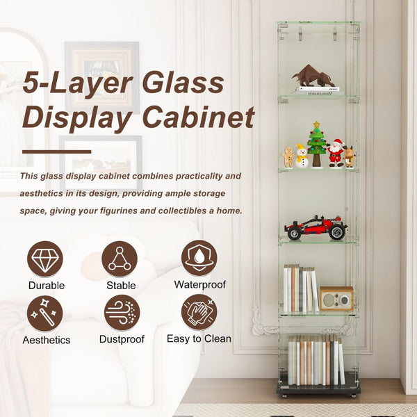 English Elm Premium 5-Tier Glass Display Case With Led Lighting, Stylish Design For Collectibles, Home & Office W2700P353066-GIGA