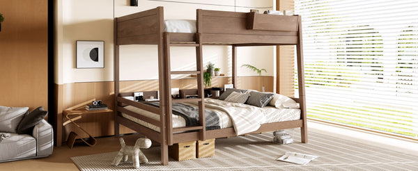 English Elm Queen Over Bunk Bed Pine Frame with Built in Shelving Detachable Vintage Style Wood W5316S00016
