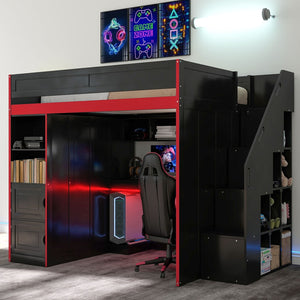 English Elm Gaming Twin Loft Bed with Led Desk Storage Locker and Bold Black Red Finish N709P004102J