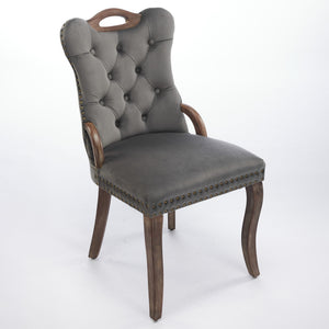 English Elm Velvet Hand-Tufted Dining Chair with Solid Wood Handles and Curved Legs, Vintage Copper Accents Gray W1143P338141