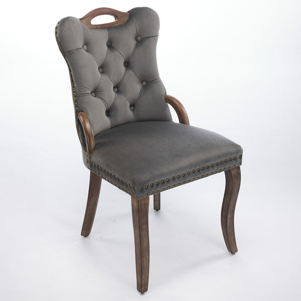 English Elm Velvet Hand-Tufted Dining Chair with Solid Wood Handles and Curved Legs, Vintage Copper Accents Gray W1143P338141